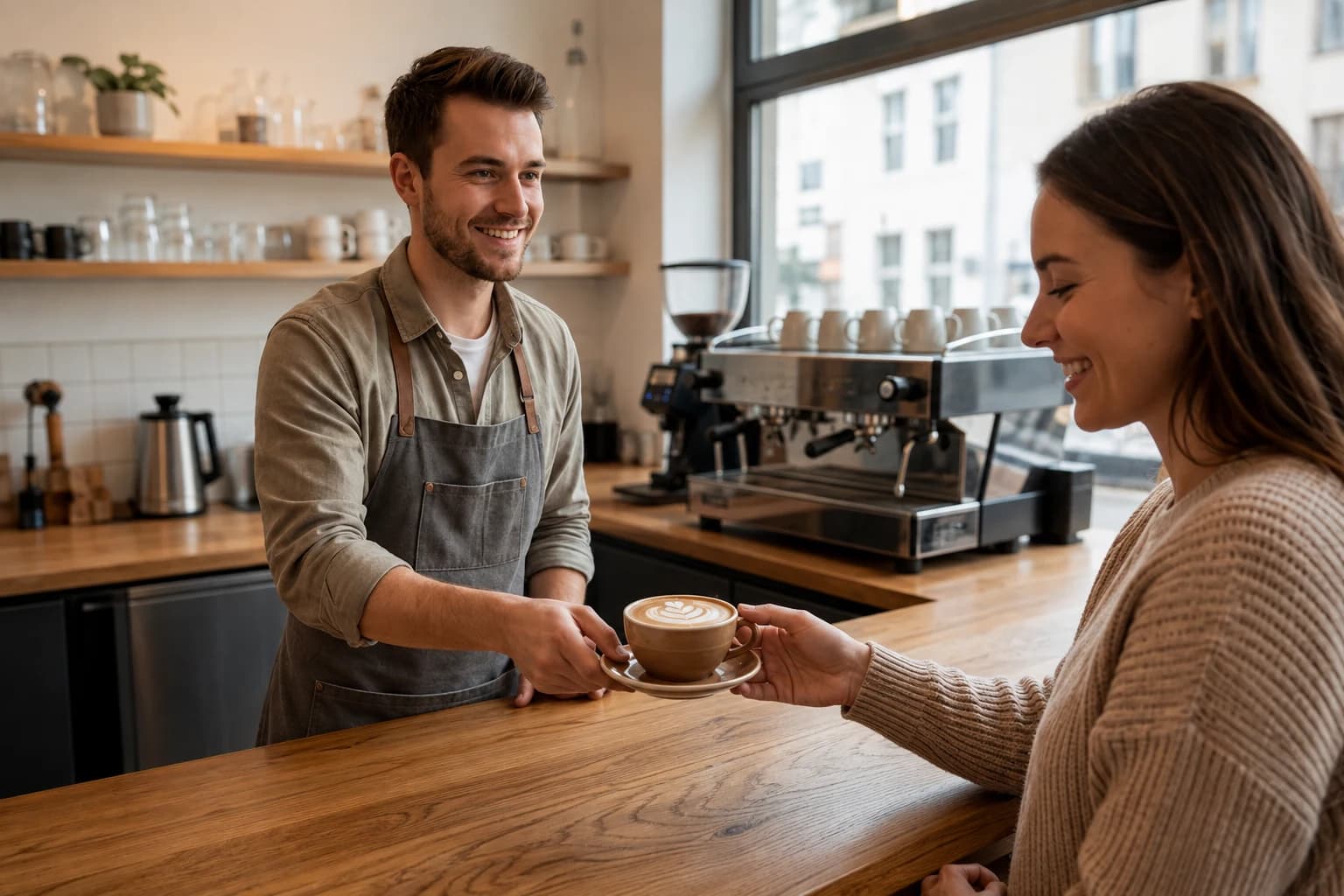 KI-bearbeitetes Konzeptmotiv: freundliche Begegnung an einer Café-Theke